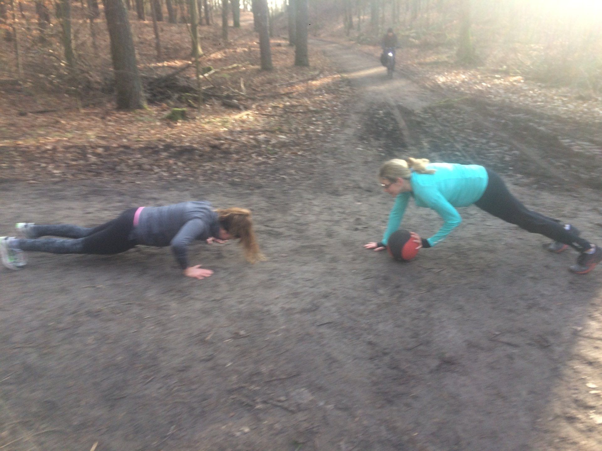 Personal Training Duo Berlin, Potsdam, Oberhavel mit zwei Frauen, die sich gegenseitig im Wald Liegestütz machen und sich dabei einen Medizinball zurollen