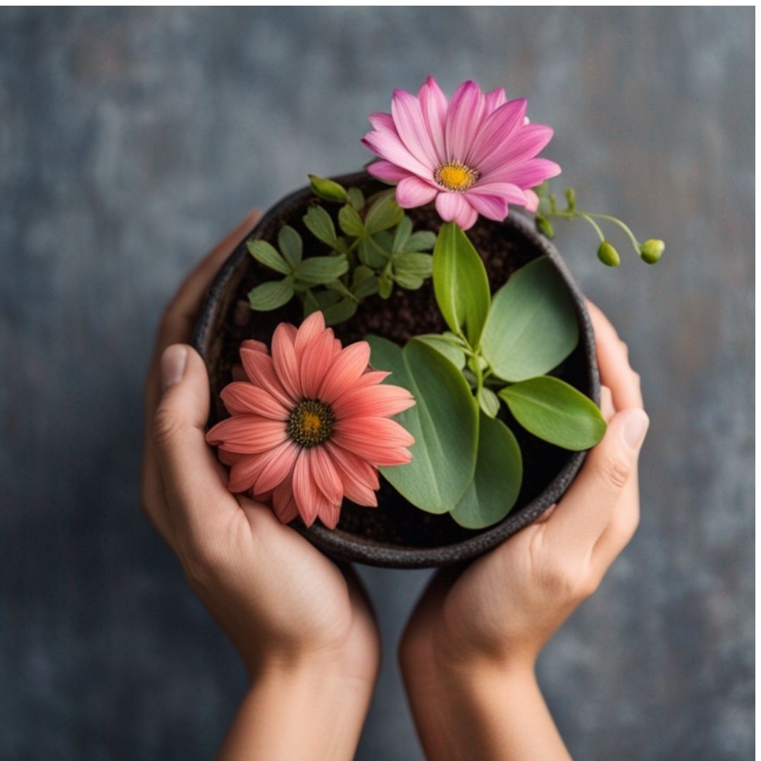 a pair of hands holding a flower pot with colorful, live flowers