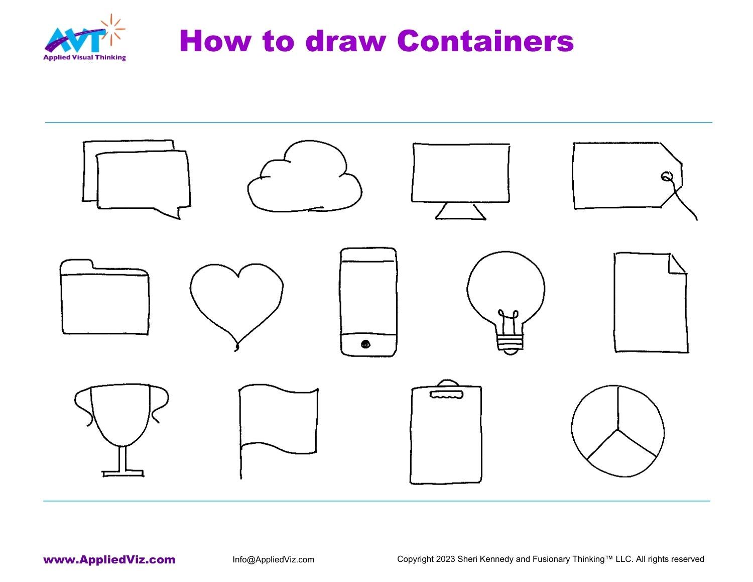 drawings of simple shapes such as speech bubbles, cloud, computer monitor, sales tag, file folder, heart, mobile phone, lightbulb, paper, trophy cup, flag, clipboard, pie chart