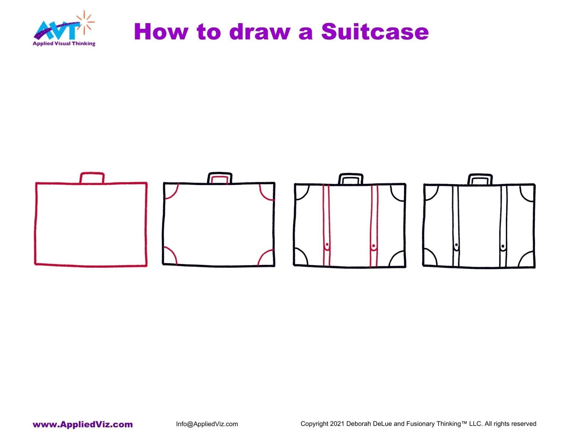 Step-out illustration showing how to draw a suitcase