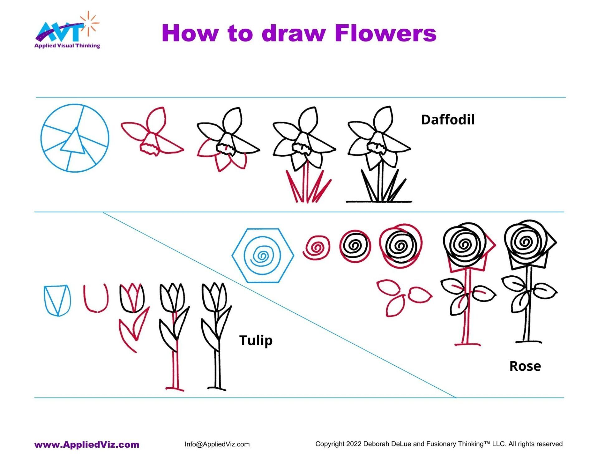 a step by step  illustrution for how to draw flowers