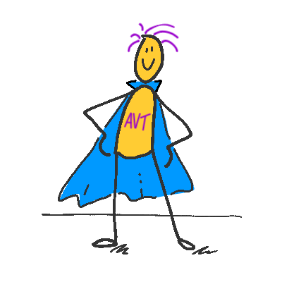 drawing with a group of people around a conference table. a person stands at a flipchart at the end talking and pointing. there is a steak at the top and 3 bullet points on the flipchart