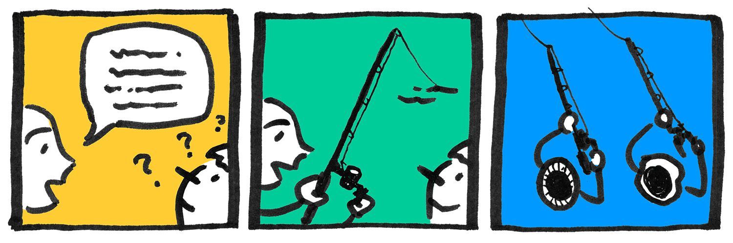 Panel 1: person explaining how to fish; Panel 2: person demonstrating how to fish; Panel 3: Two people fishing side by side