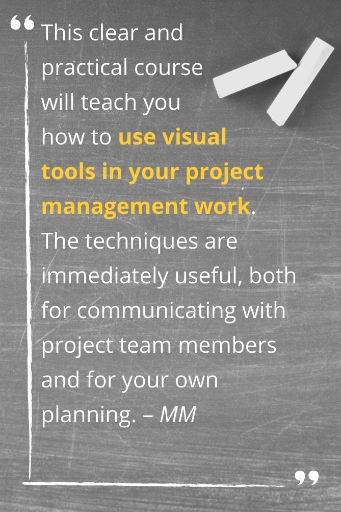 This clear and  practical course  will teach you  how to use visual  tools in your project management work.  The techniques are immediately useful, both for communicating with project team members and for your own planning. – MM