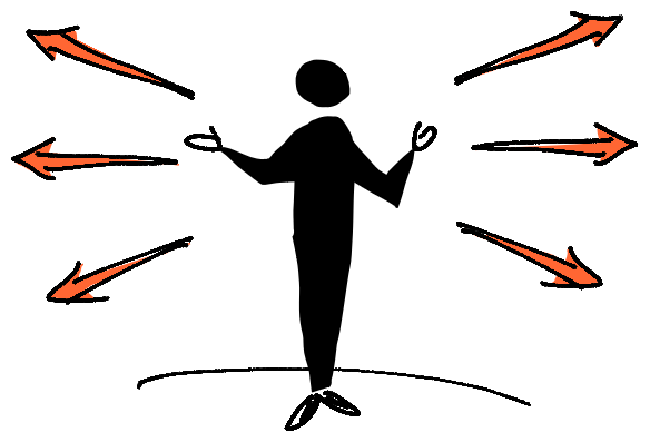 Silhouette person with 3 arrows projecting outward from each side