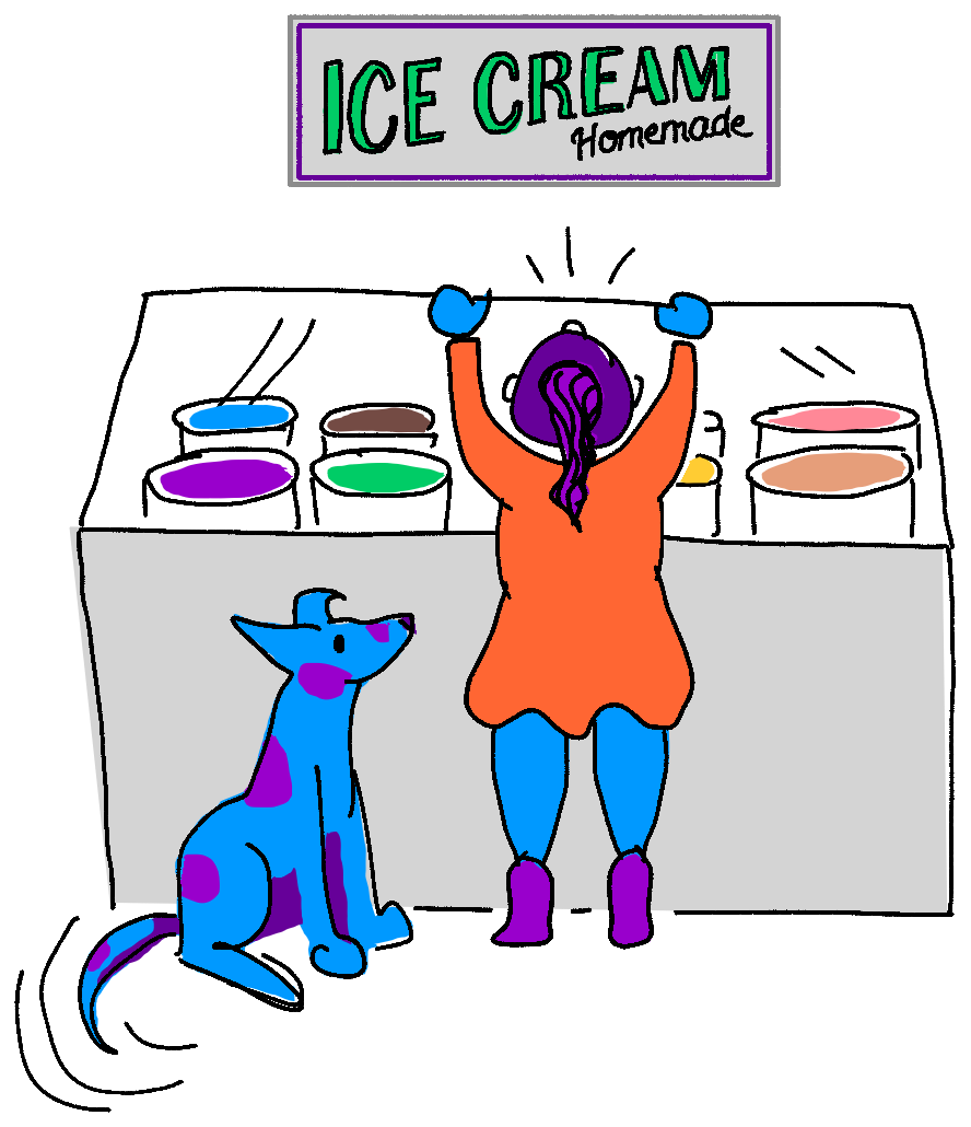 drawing of a girl on tiptoes in front of ice cream counter; dog looks at girl and wags tail