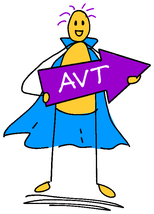 AVT superhero holding purple arrow sign labeled