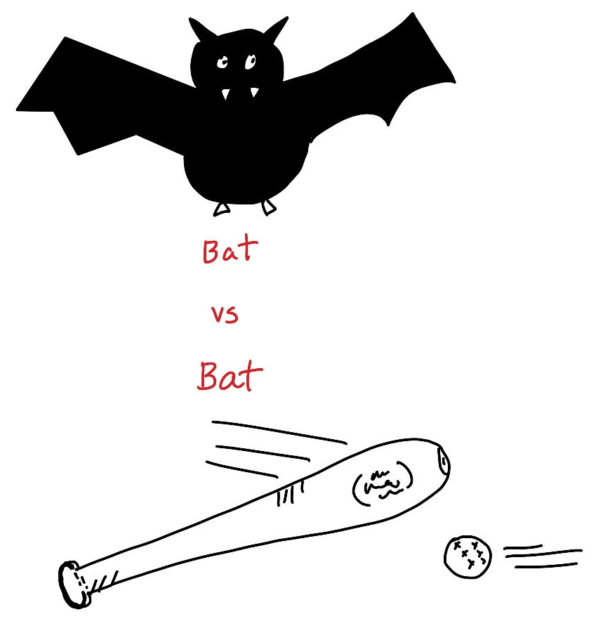 drawings of a flying bat and a baseball bat hitting a ball
