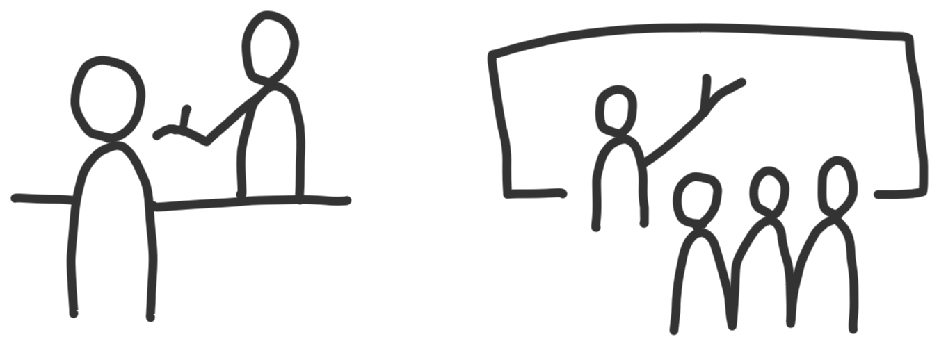 line drawings of two people talking and someone giving a speech to a group of people