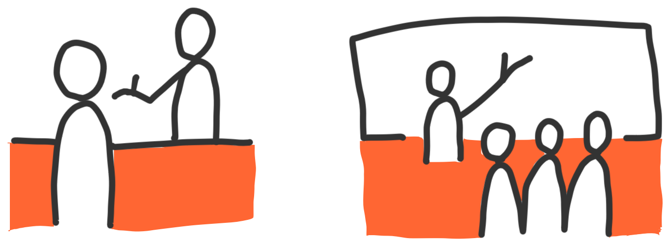 line drawings of two people talking and someone giving a speech to a group of people with orange filled in the lower areas between the people
