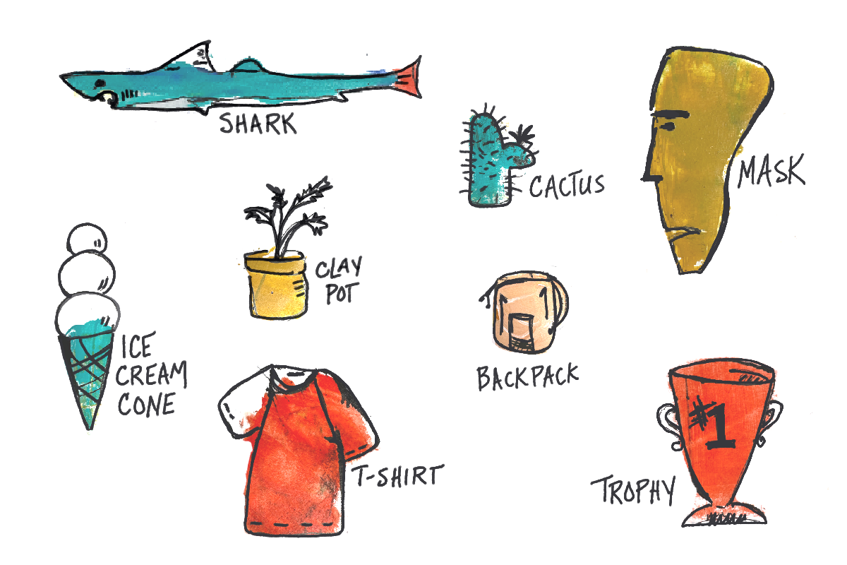 Colorful painted blob shapes turned into drawings of: shark, ice cream cone, clay pot, cactus, mask, t-shirt, backpack, and trophy