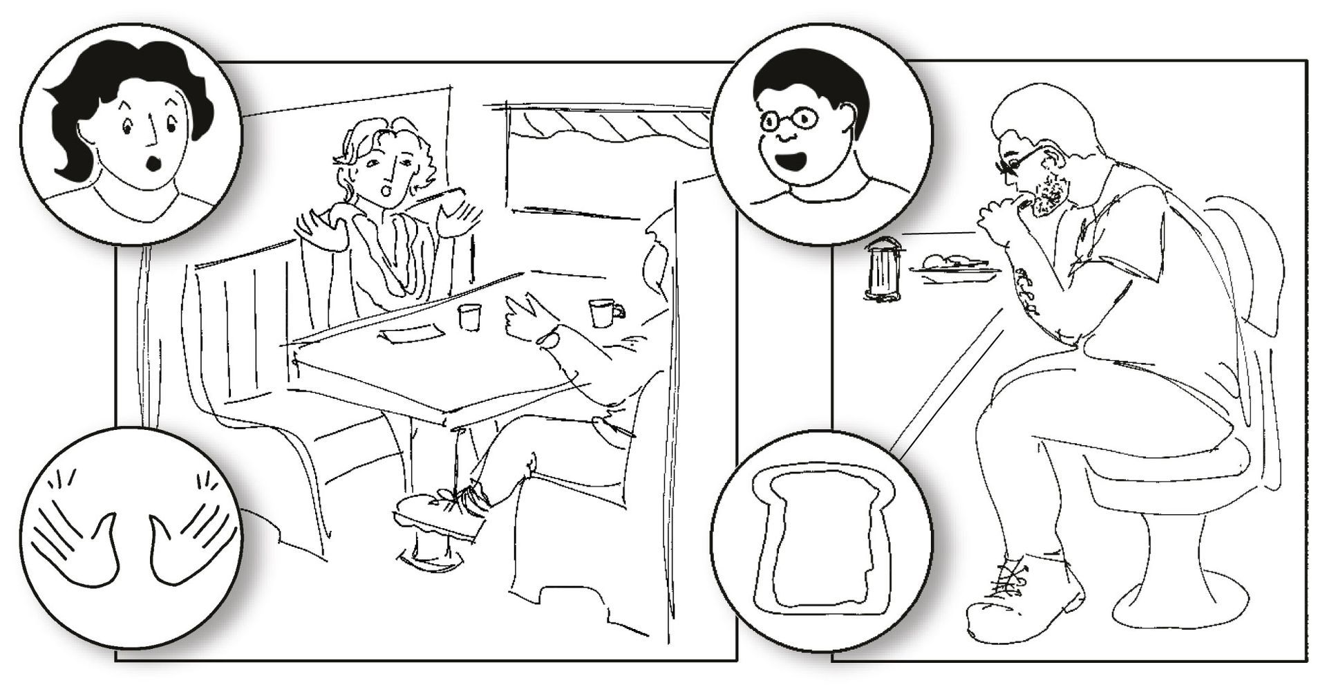 Sketches and icons of people at a cafe