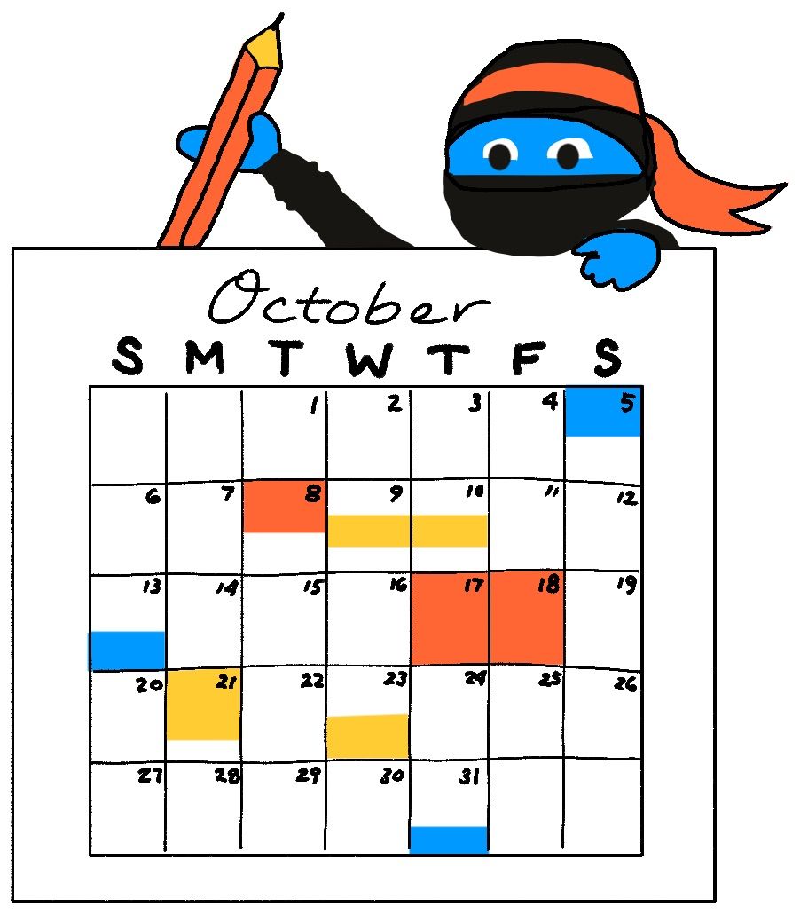 drawing of a ninja holding a big pencil, peering over an October calendar page with color blocks