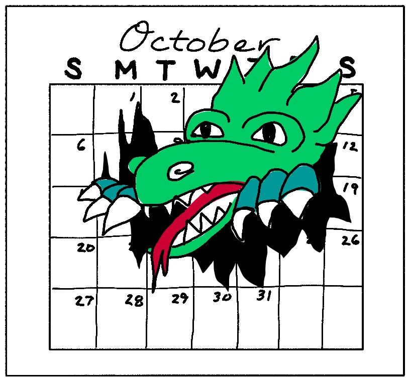 drawing of a green dragon bursting through the October page of a calendar