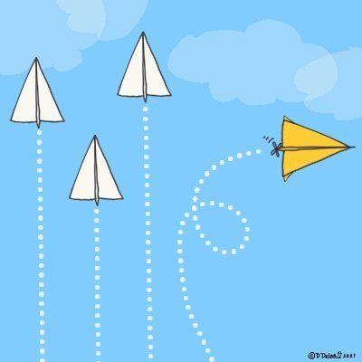 3 paper airplanes flying in formation and 1 taking right turn