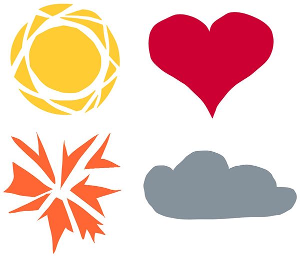 four icons - yellow circle with radiating shapes, red heart, orange burst, gray cloud