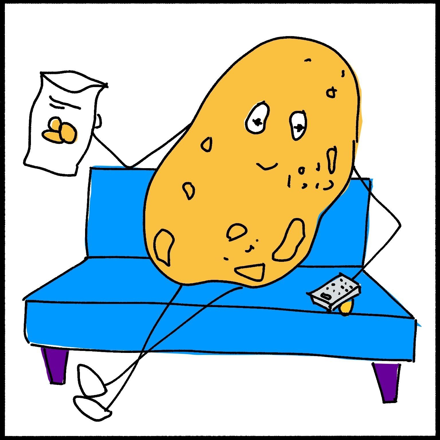 Line drawing of a potato sitting on a couch holding chip bag and remote