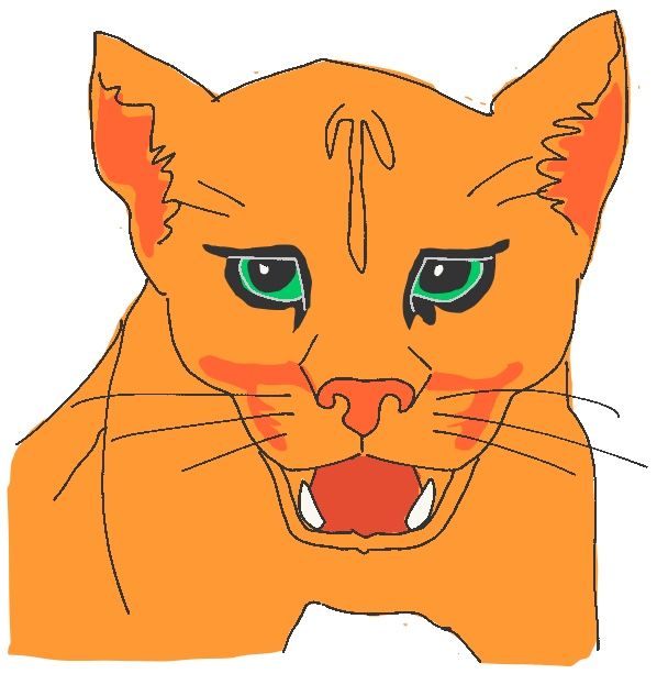 A cougar with orange fur, green eyes and an open mouth showing teeth.