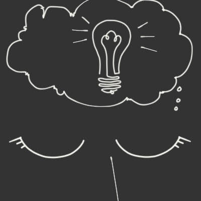 White line drawing on black background. At the top is a thought cloud with a lightbulb and lines to indicate that it's on. Below are closed eyelids and part of a nose.