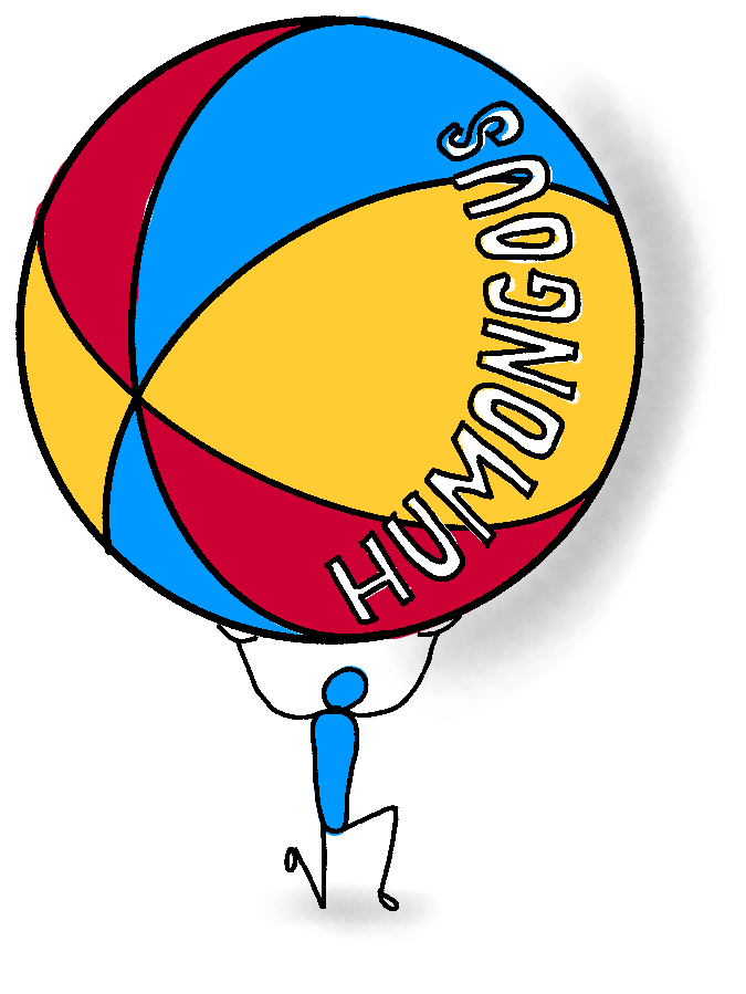 A drawing of a blue, kneeling figure holding a very large, multicolored beach ball over their head. On the beach ball is the word humongous.