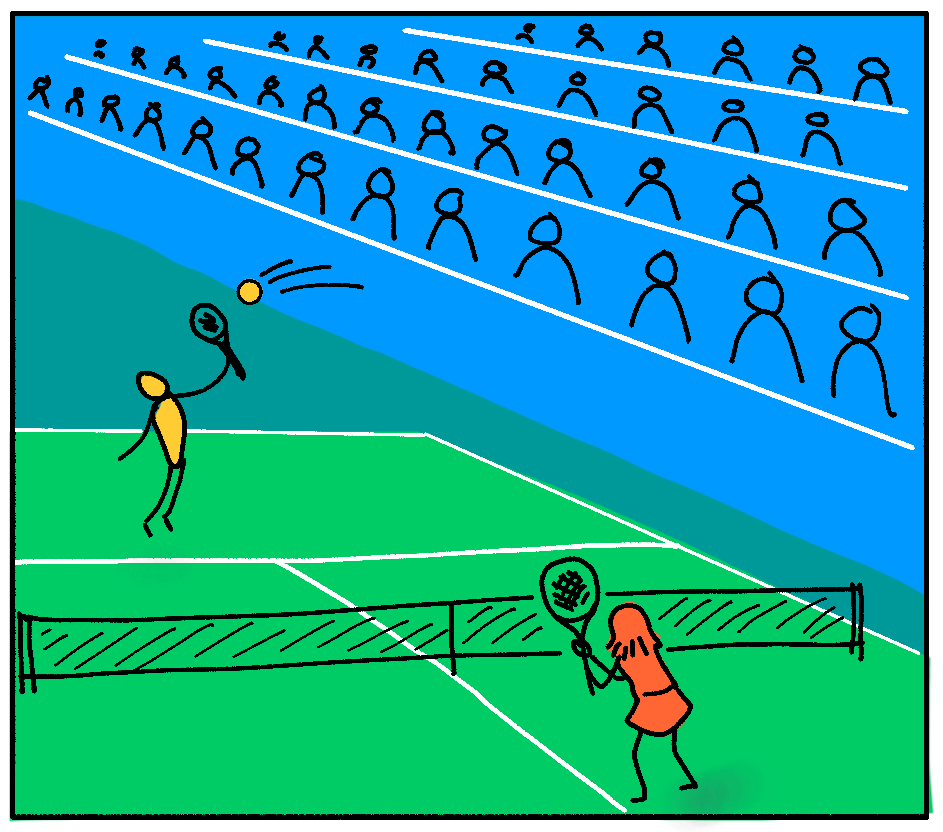 A drawing of a tennis match. One figure is preparing to hit the ball, while the other is preparing for the return. There are 4 rows of simple, abstract figures watching the match from grandstands.