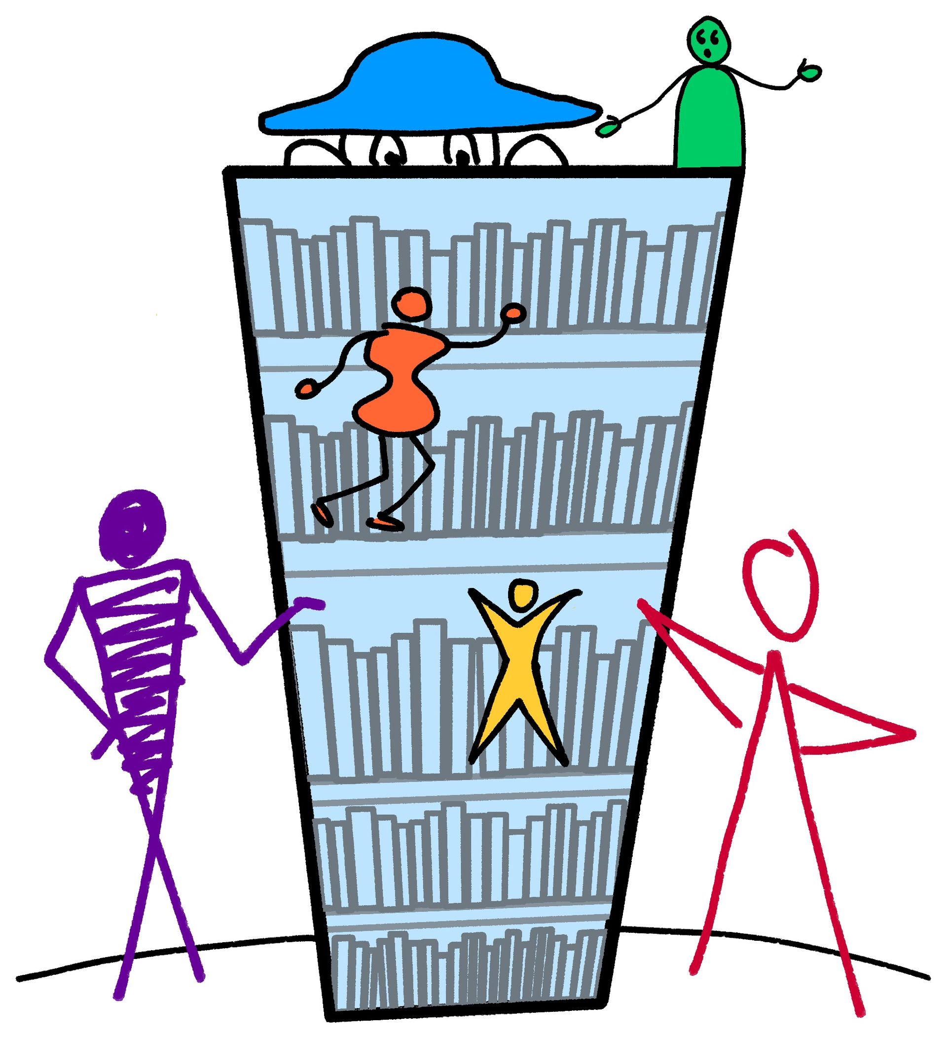 person peering over a tall bookcase with multicolored figures