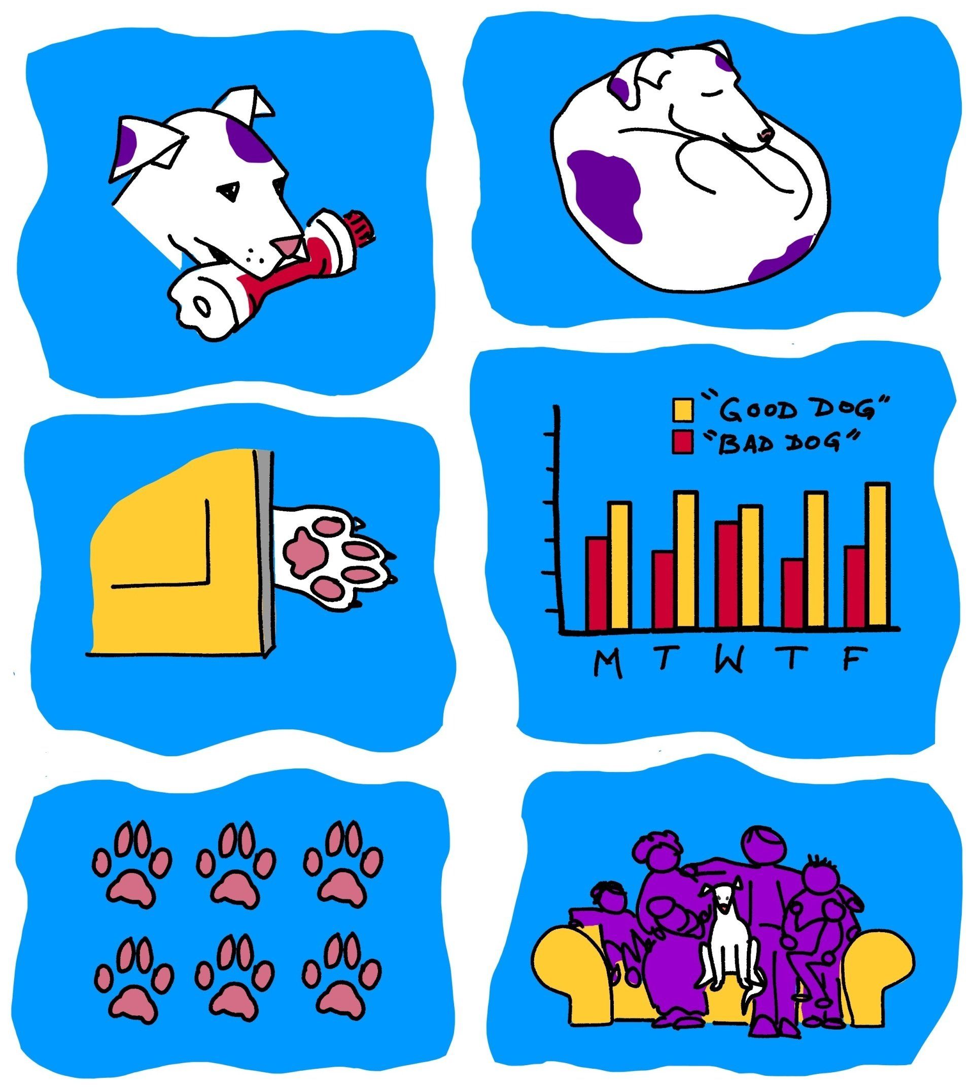 6 images drawn with  dog theme - dog holding plastic water bottle, napping, paw behind door, chart showing more
