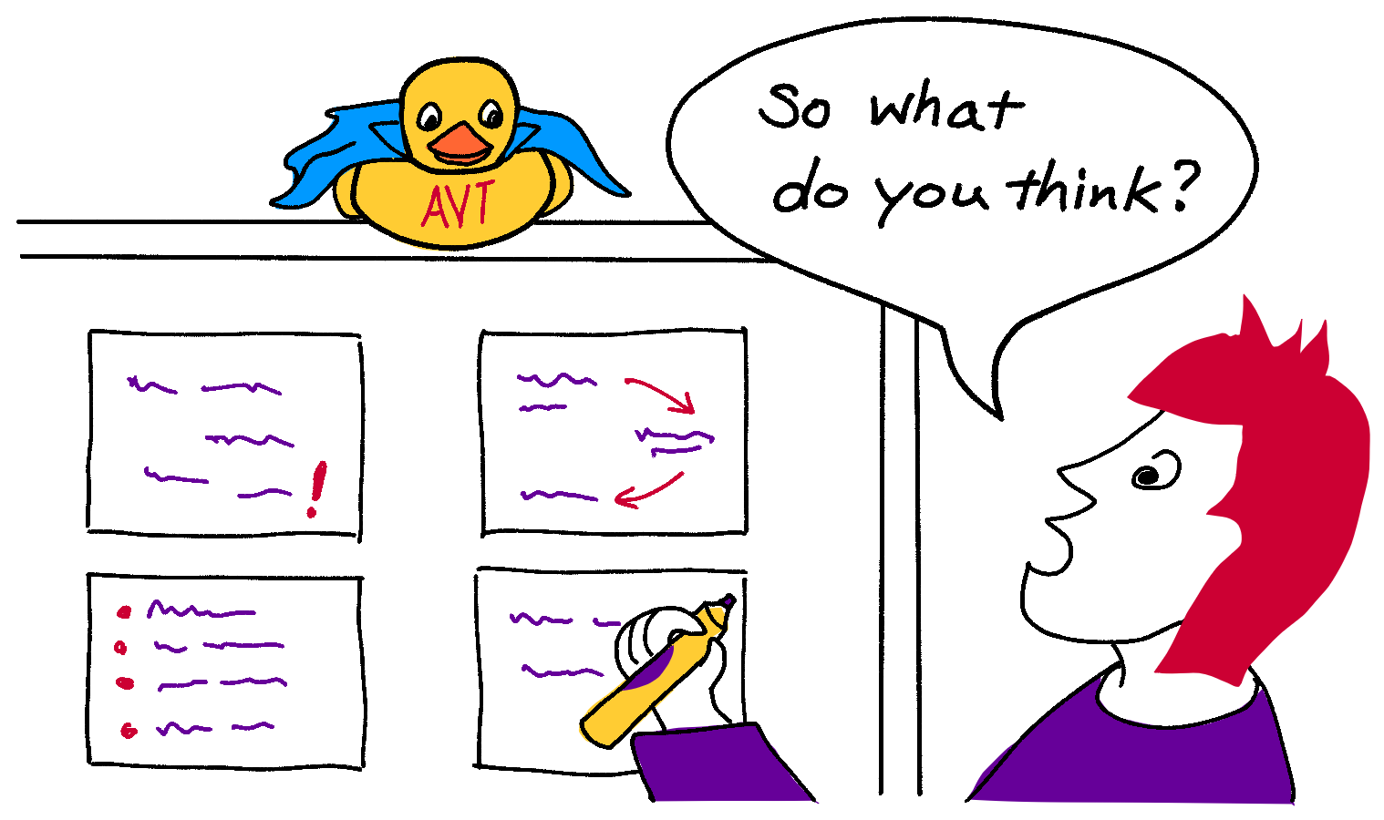 Drawing of a person drawing 4 boxes with text on a whiteboard. On top of the board is yellow duck.