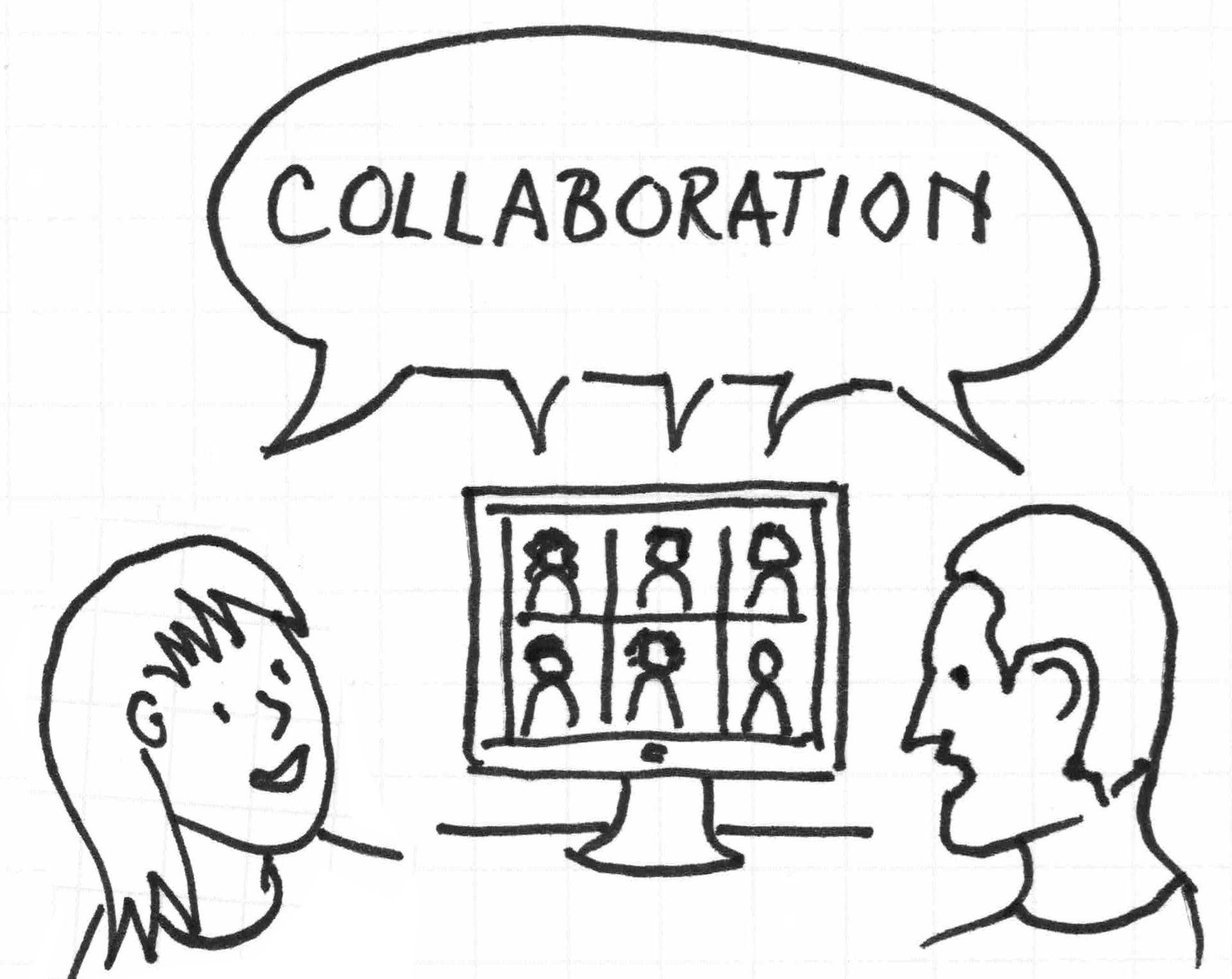 woman and man talking; computer screen between them shows six people in boxes; dialogue box above shows all saying