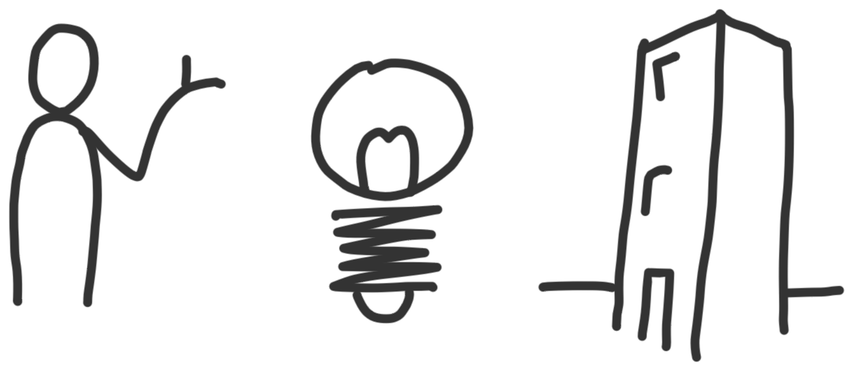 line drawings of a person, lightbulb and building