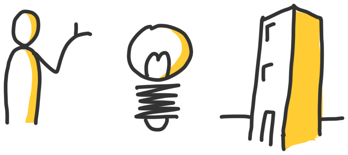 line drawings of a person, lightbulb and building with yellow shadows inside the right edges