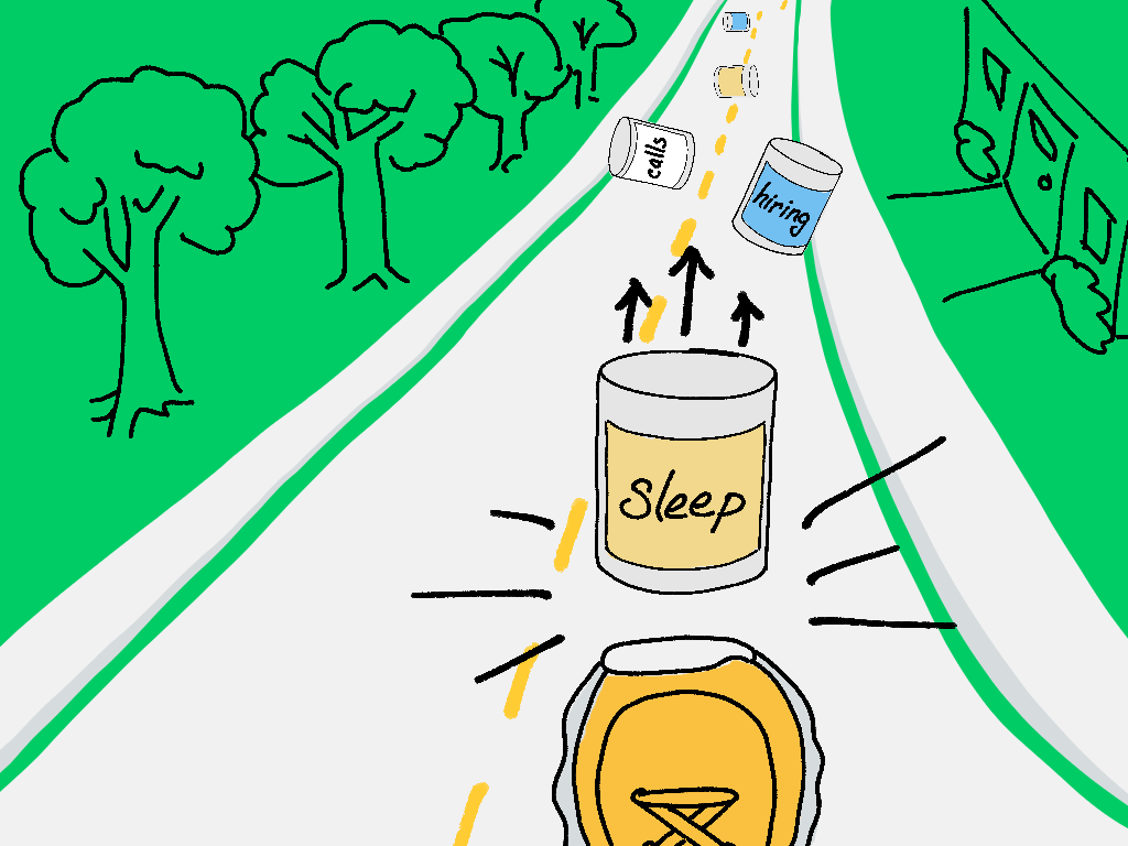 A drawing of the tip of a shoe kicking cans down a road. The cans close enough to read are labeled sleep, calls and hiring.