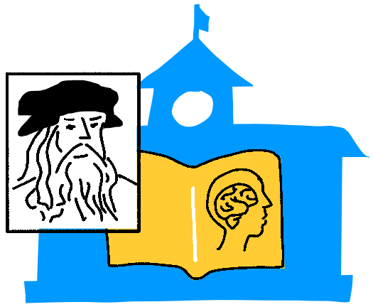Drawings of a school, book, brain and sketch of Leonardo da Vinci
