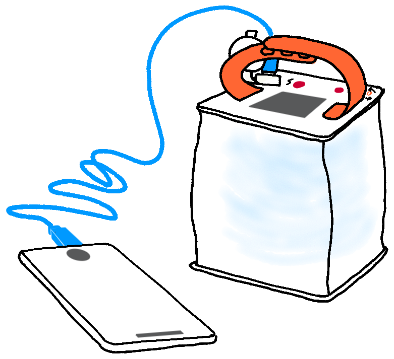 A drawing of an inflatable LuminAID lantern charging a cell phone