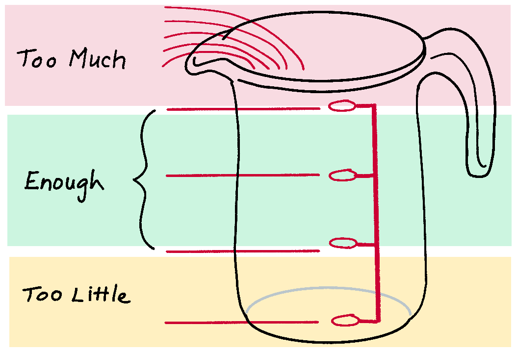 A drawing of a measuring cup. Red lines indicate measurements. To the left, measured areas are indicated from bottom to top: Too Little, Enough and Too Much. The Enough area is bigger than the other two.