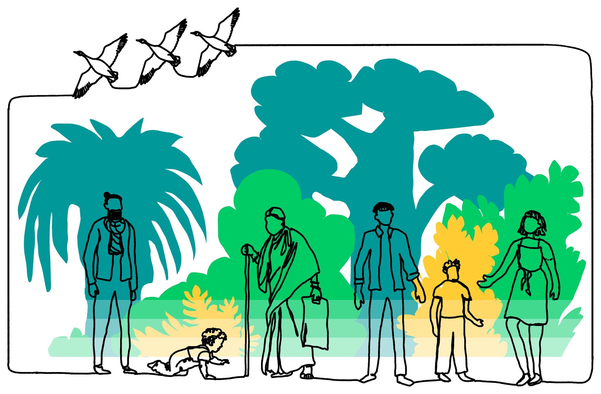 Continuous line drawing of a diverse group of people in front of a variety of trees and plants. 3 birds fly overhead.