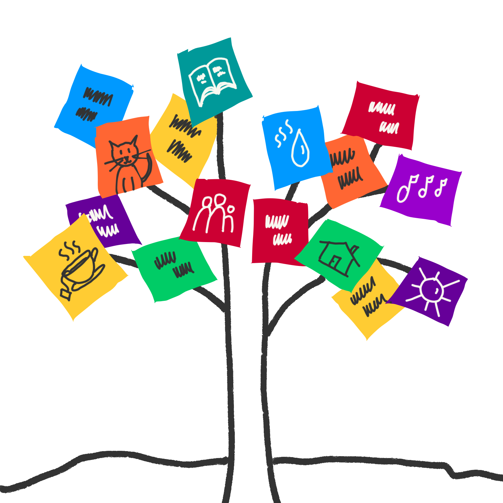 Black line drawing of a tree with a variety of colorful sticky note leaves with drawings and text