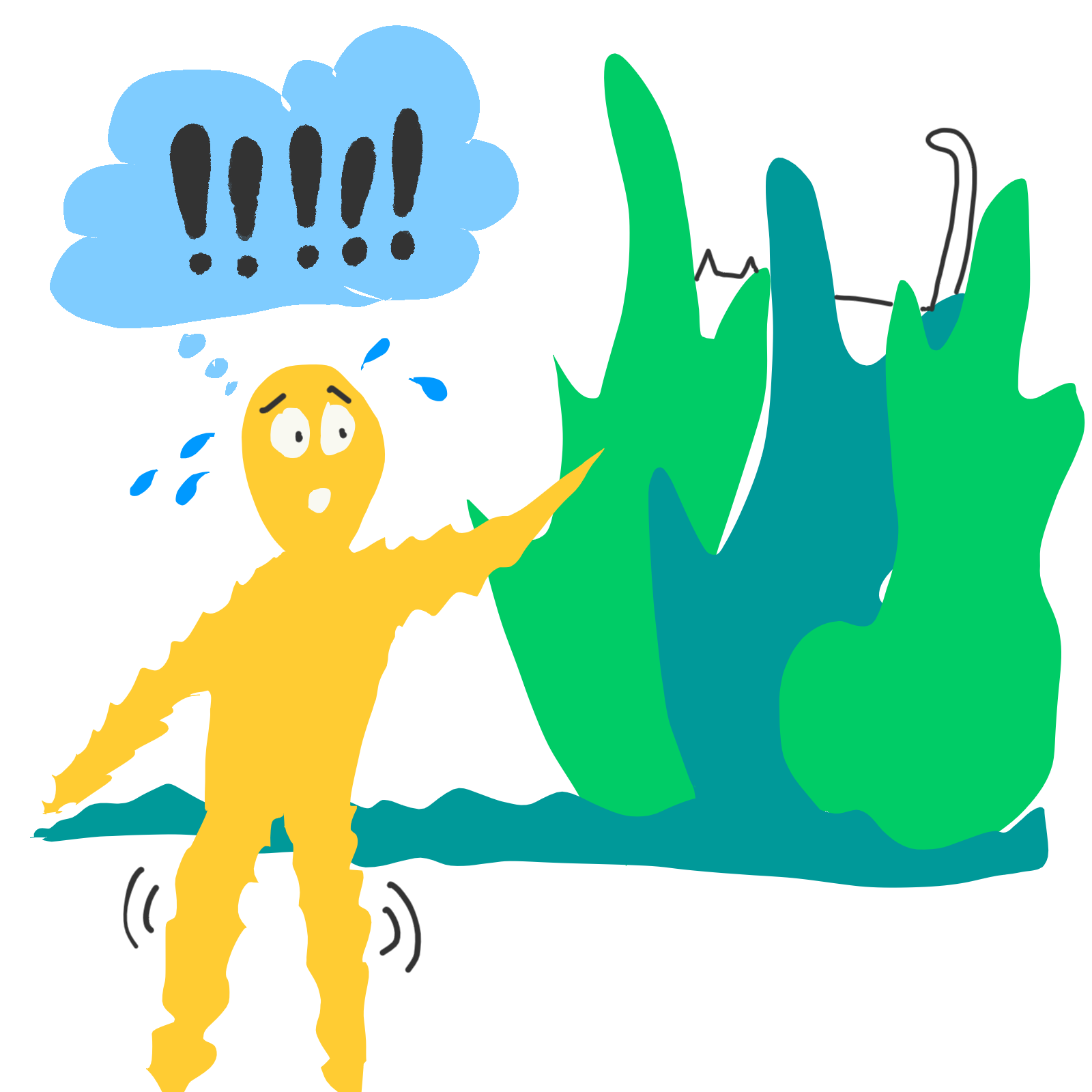 A scared figure with an animal lurking in the bushes