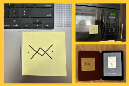 photo collage with images of sticky notes on a laptop, microwave and inside cover of tablet