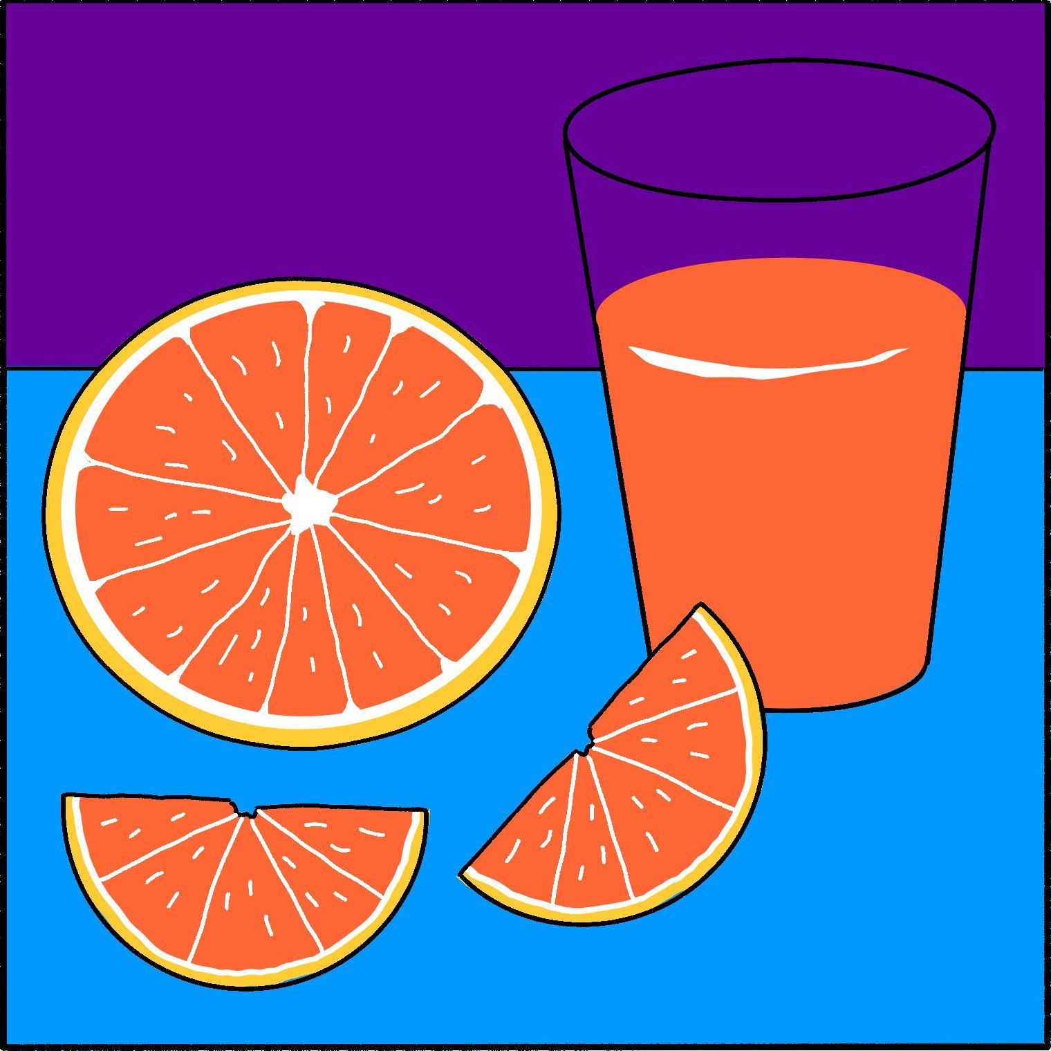 Drawing of a glass or orange juice with a sliced orange