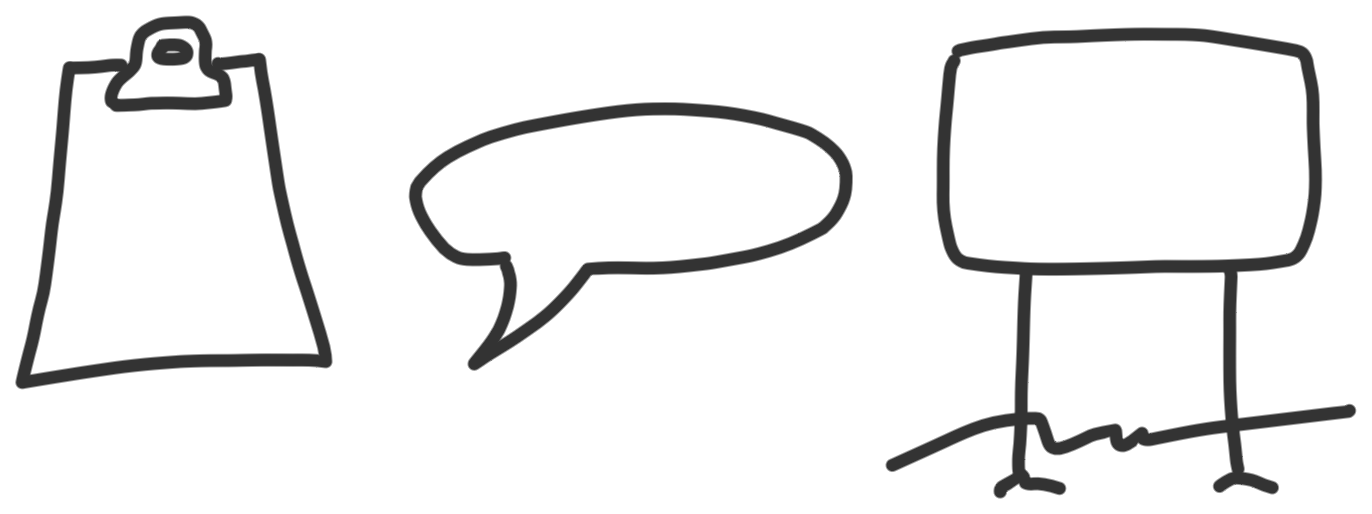 line drawings of a clipboard, speech bubble and road sign