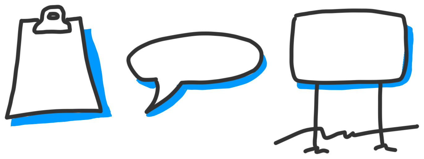 line drawings of a clipboard, speech bubble and road sign with blue shadows outside right edges