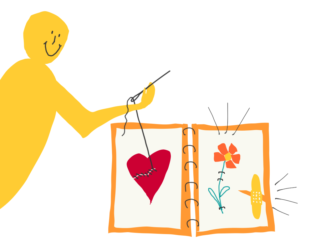 Drawing of a person sewing a heart in a sketchbook containing a flower stapled in and a bandage.