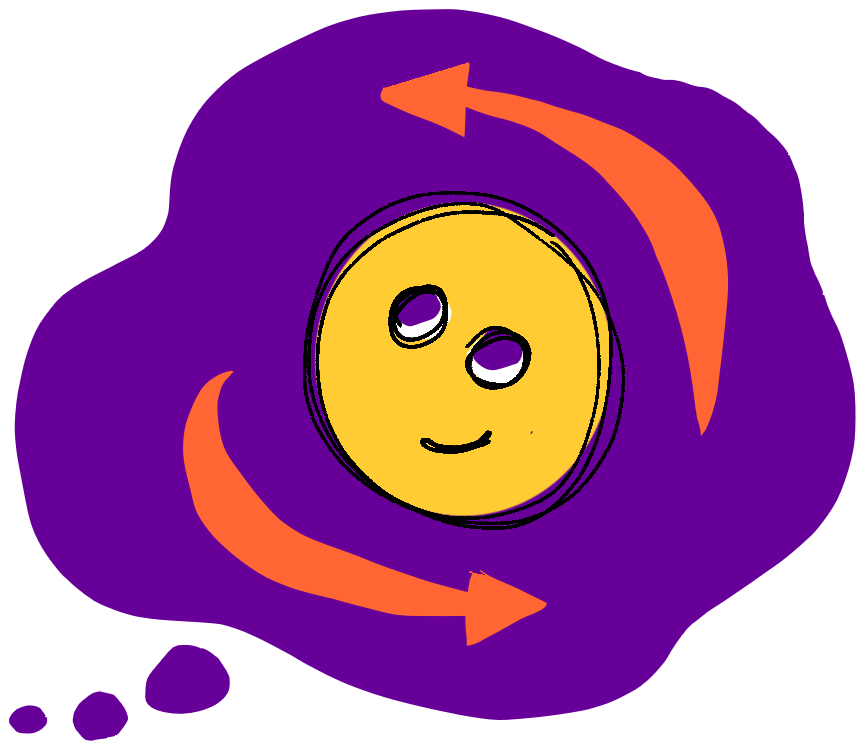 smiley face looking up and to the left. Two orange arrows wrap around the face in a counter-clockwise direction