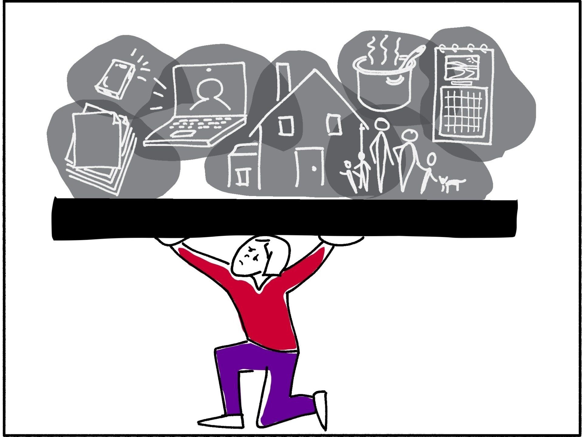 Person holding heavy board with rocks marked with icons representing home, family, work, cooking and scheduling