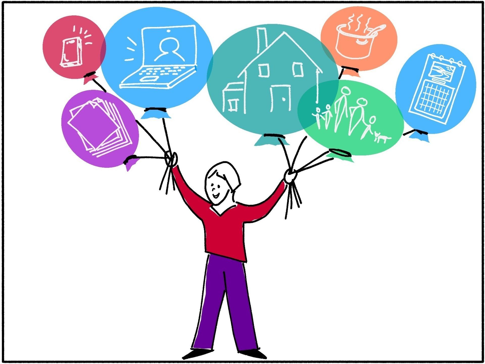 line drawing of person holding multi-colored balloons marked with icons representing home, family, work, cooking and scheduling
