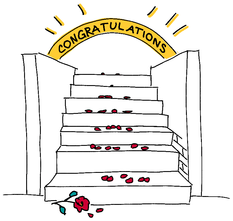 Drawing of a staircase. A rose lies at the bottom, petals are strewn on the steps and at the top is a yellow banner that says