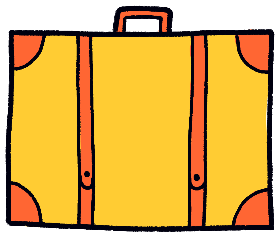 drawing of a yellow suitcase with orange straps and corners