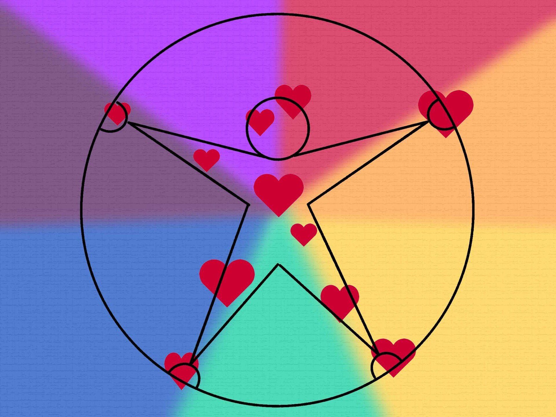 Black line drawing of a star person on multicolored background with red hearts all over