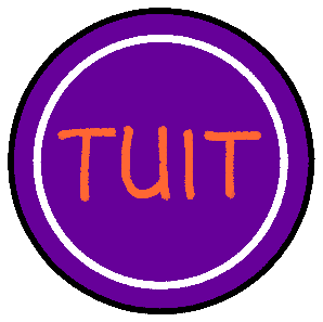 Purple circle containing a white circle, containing orange text